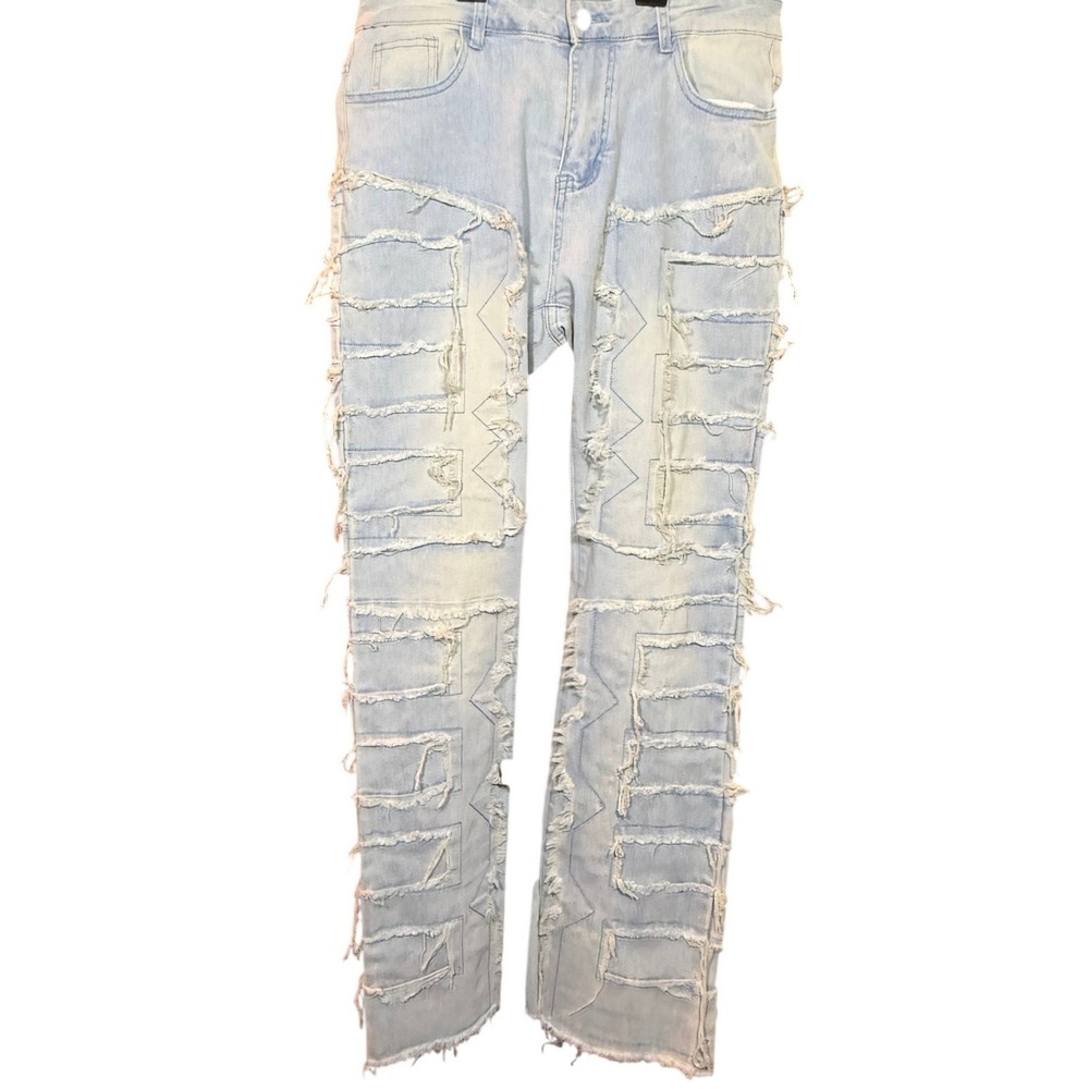 ROMWE Mens Distressed Patchwork Jeans Light Wash Blue Streetwear Denim Size 38